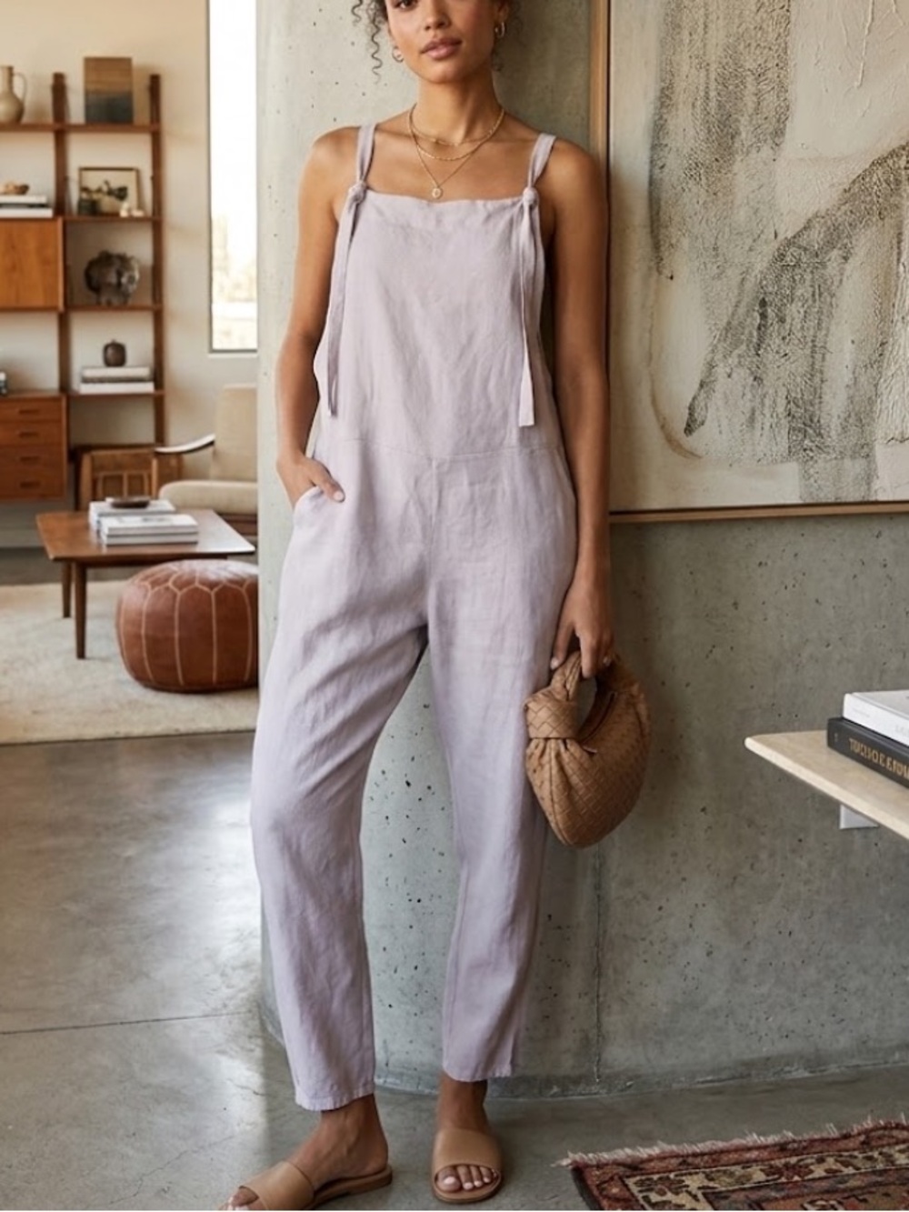 Light Lavender 100% Linen Tie-Strap Jumpsuit overalls breezy not lined Italy M